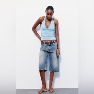 ZARA NWT Printed Blue Tulle Halter Top Blouse